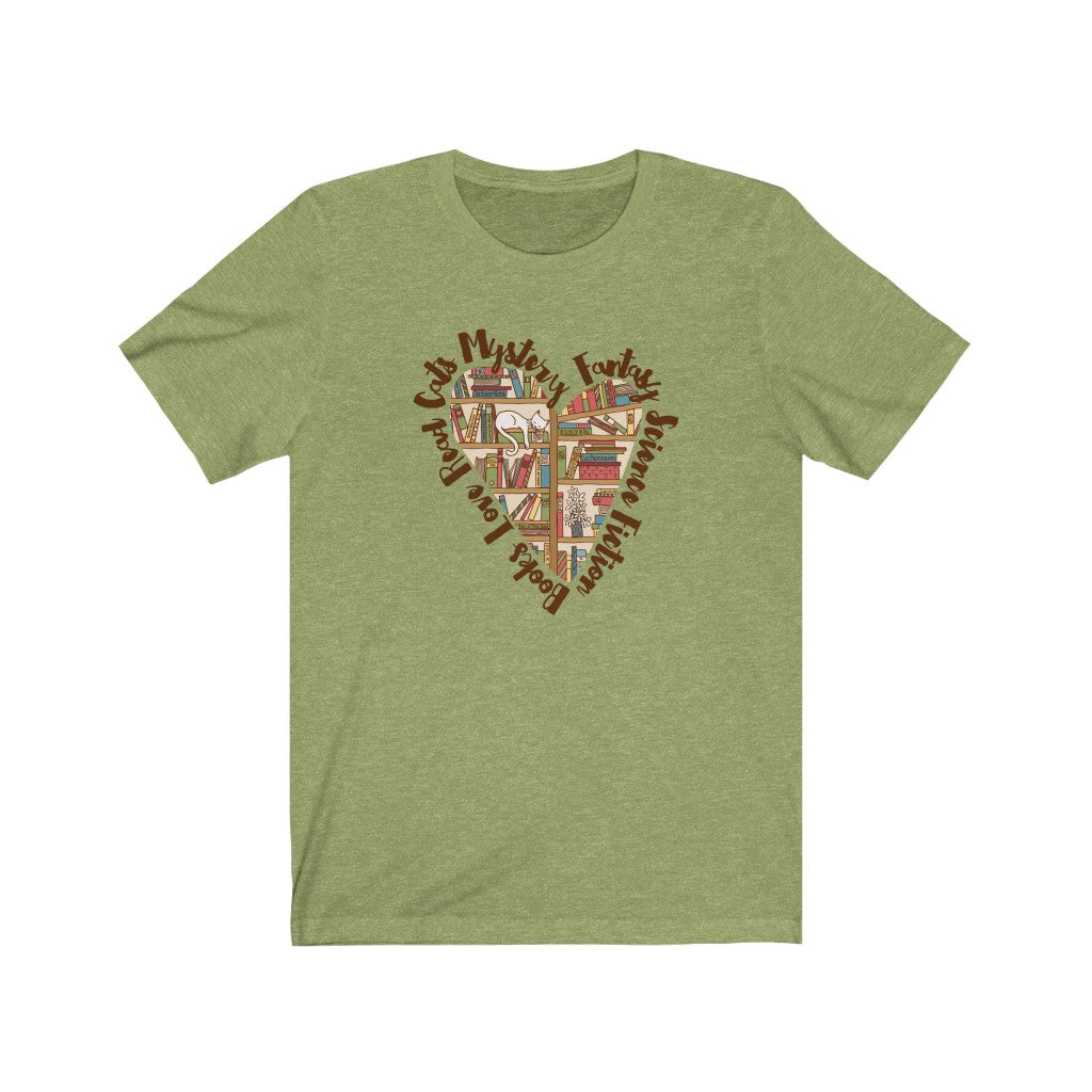 Book Lover Heart Cat Lady T-shirt | Cat Lover Bookworm Gifts | Unisex Jersey T-shirt