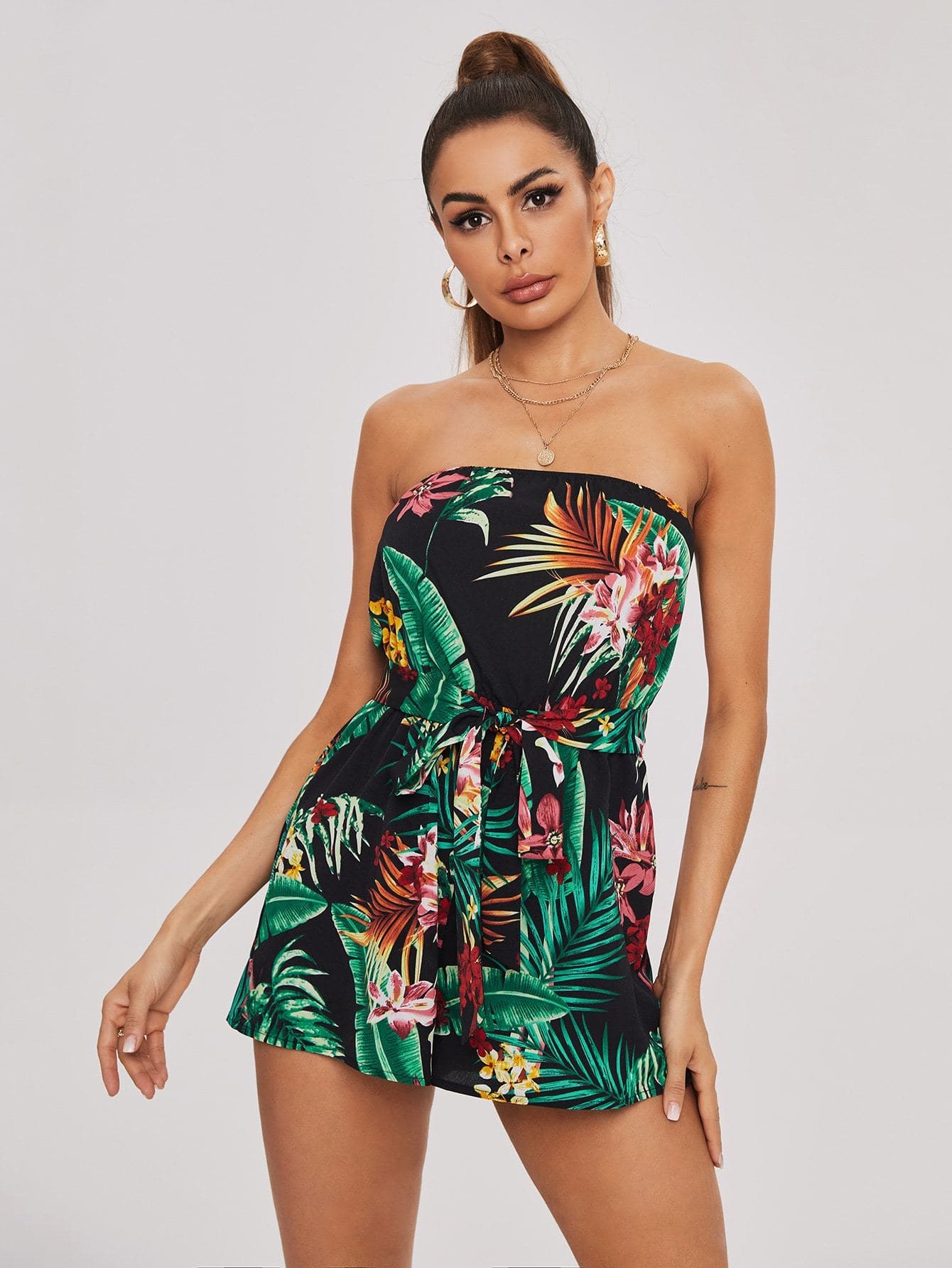 green foliage belted sleeveless romper