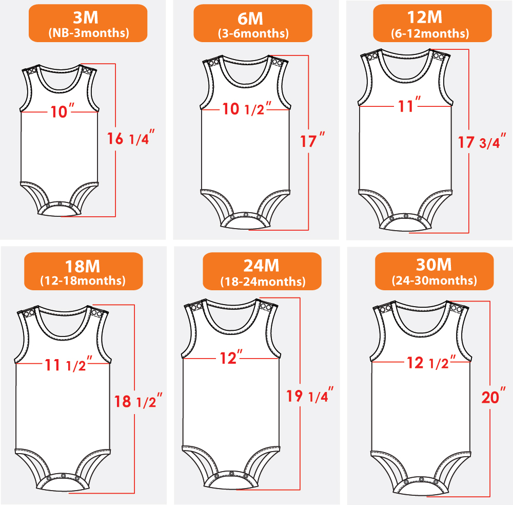 Easy to wear GOTS certified organic cotton baby bodysuit designed for eczema showing size chart for big baby