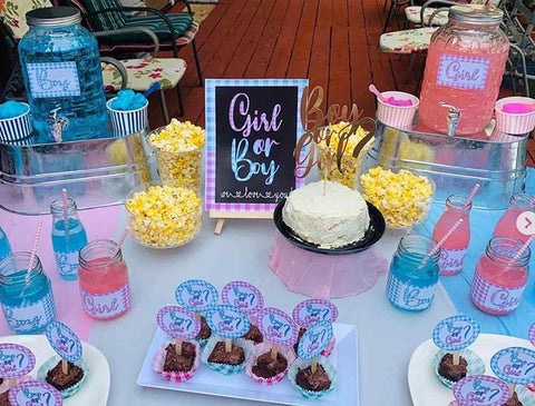 Gender Reveal Table Drinks Popcorn Cupcakes Sign Board