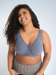 Woman wearing light blue bra