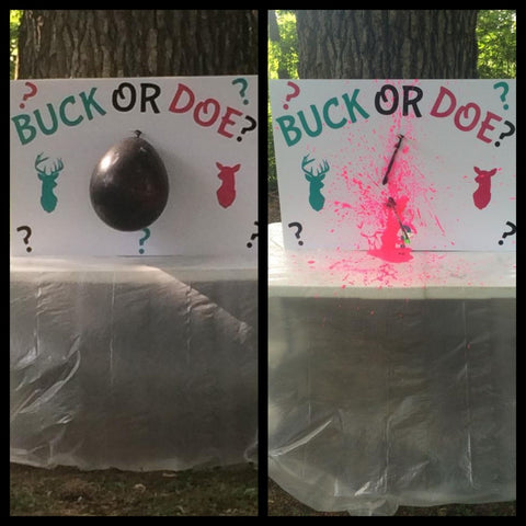 Buck or Doe prop with a balloon filled with pink paint to celebrate a baby girl.