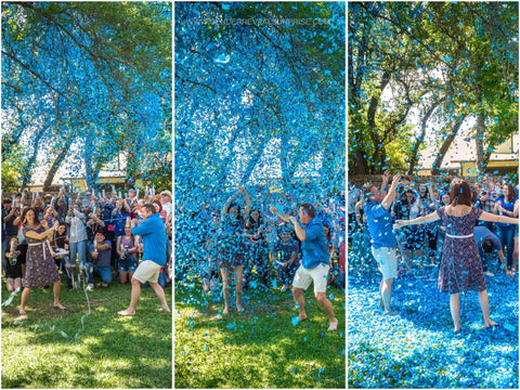 collage of couple posing with friends and family outside with blue confetti everywhere.
