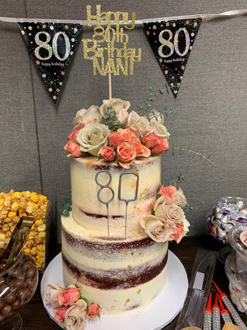 Birthday cake with Happy 80th birthday nani on it.