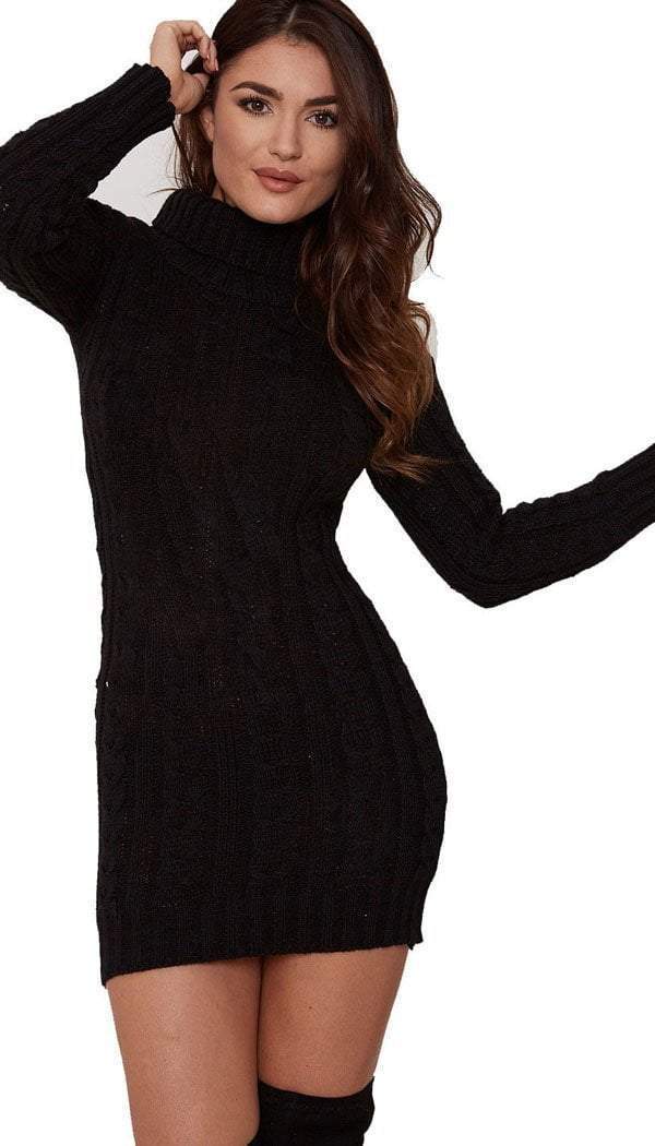 PLUS SIZE Cable Knitted Polo Neck Jumper Dress omgfashion.com