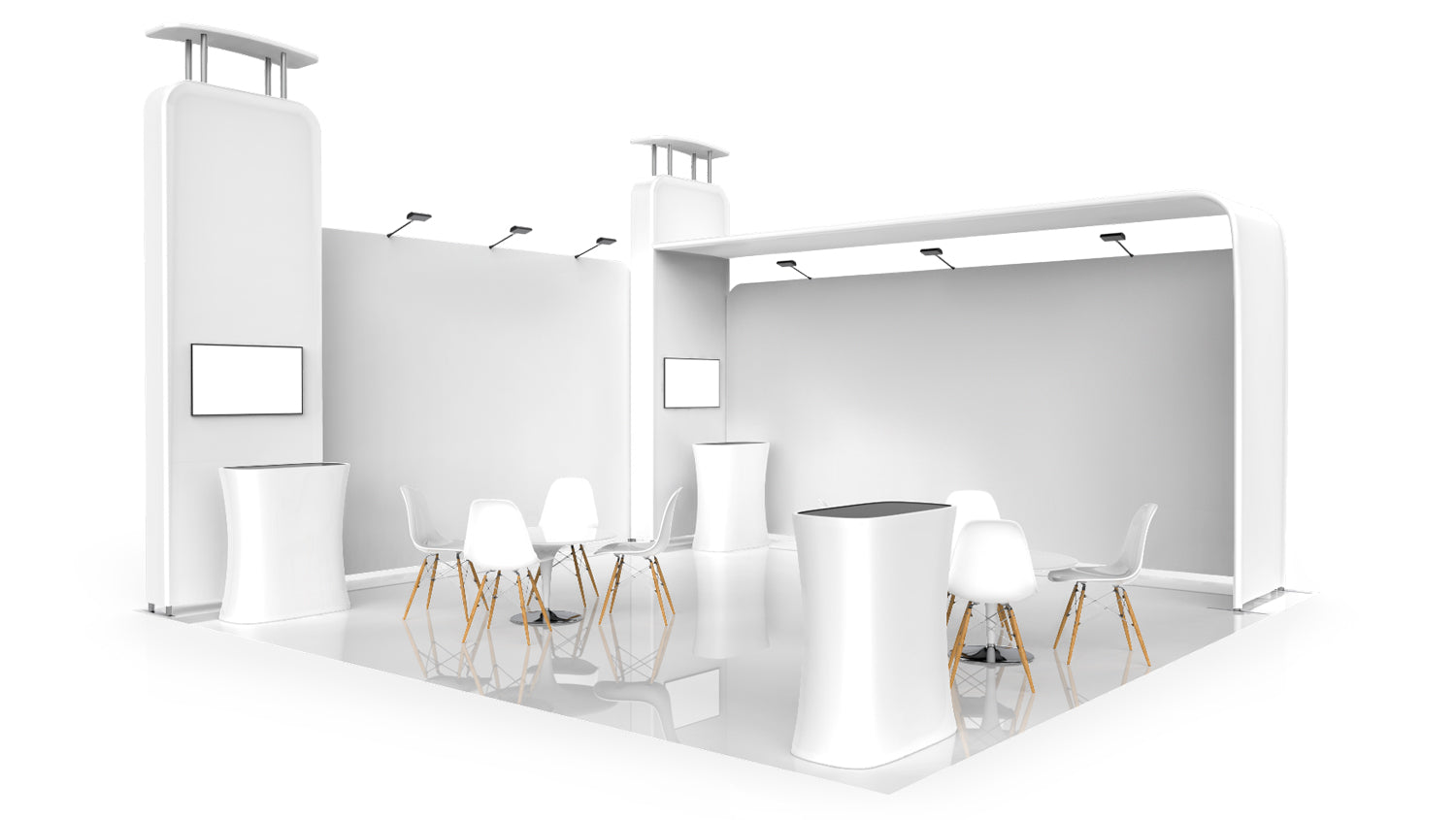 20x20 booth layout 3D model Pro-Package C corner view
