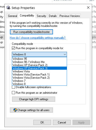 Windows Compatibility Mode Properties