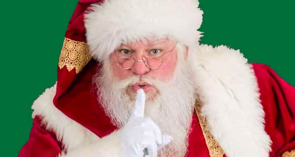 Santa Claus Wearing Eyeglasses and Holding Finger to Lips