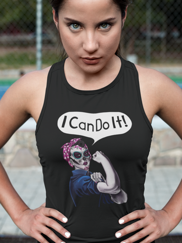 Rosie the Riveter by Pilar Grother. Created with a Dia de los Muertos (Day of the Dead)  design on a woman's tank top