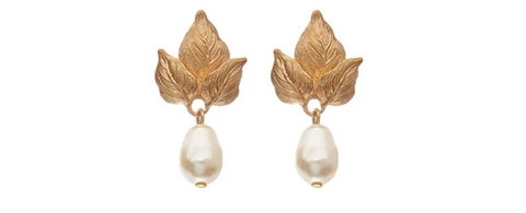 Silver plated Fiorentina Earrings finished with antique gold leaves and Swarovski crystal pearl drop.