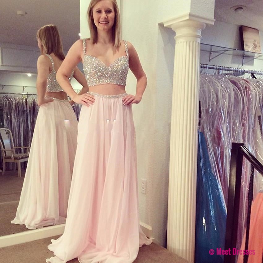 2 Piece Prom Gown,Two Piece Prom Dresses,Pink Evening Gowns,2 Pieces Party Dresses,Chiffon Evening Gowns,Glitter Formal Dress,Sparkly Evening Gowns For Teens PD20183498