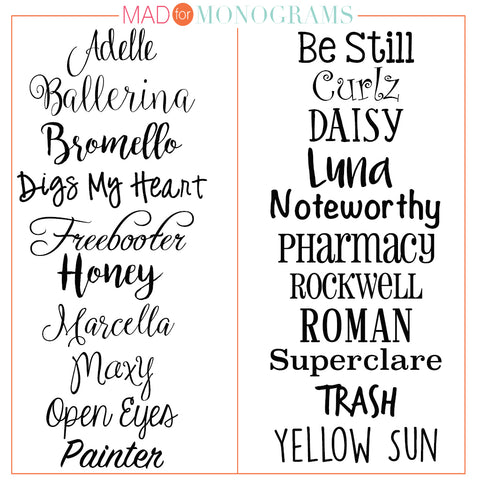 personalization name font selections