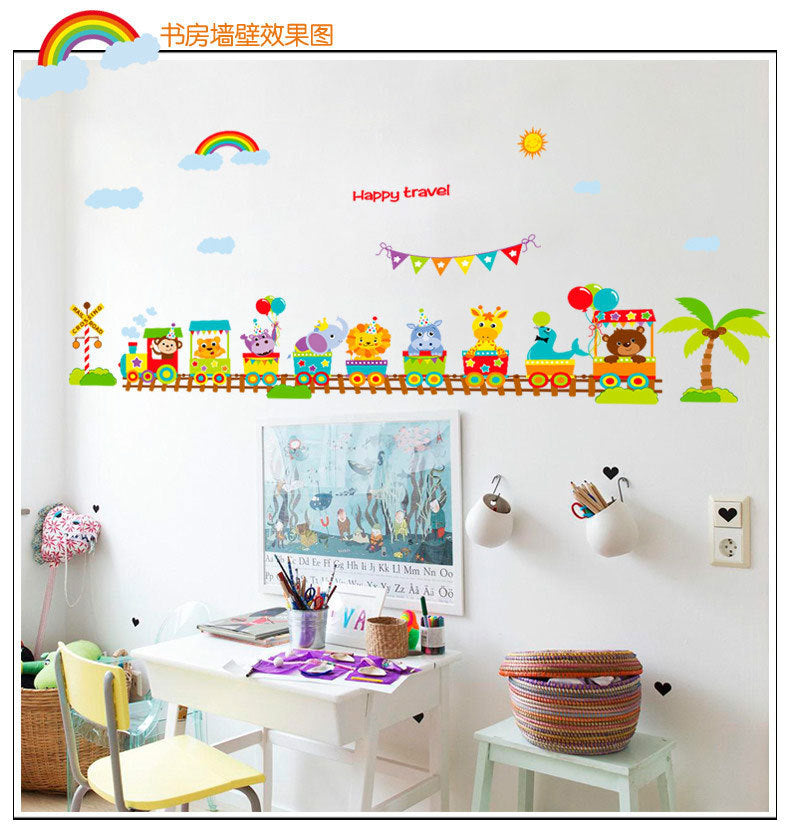 Cartoon Animal Train Baby Room Wall Stickers For Kids Room Boy Bedroom Wall Decals Poster 60x90cm