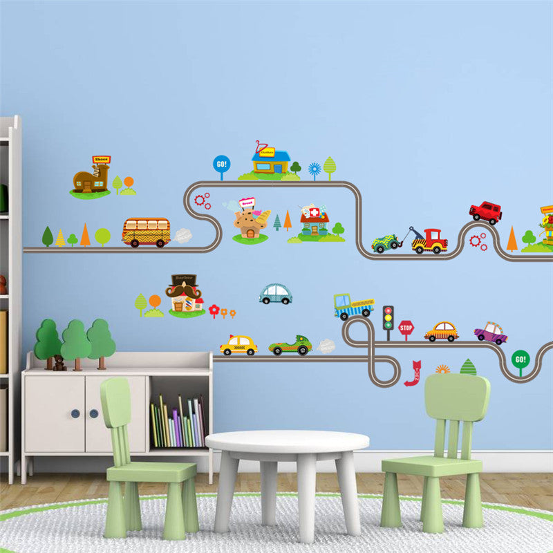 Cartoon Car Bus Highway Track Wall Stickers For Kids Rooms Children S Bedroom Living Room Decor Wall Art Decals Boy S Gift