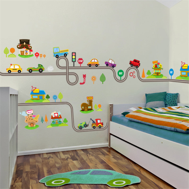 Cartoon Car Bus Highway Track Wall Stickers For Kids Rooms Children S Bedroom Living Room Decor Wall Art Decals Boy S Gift