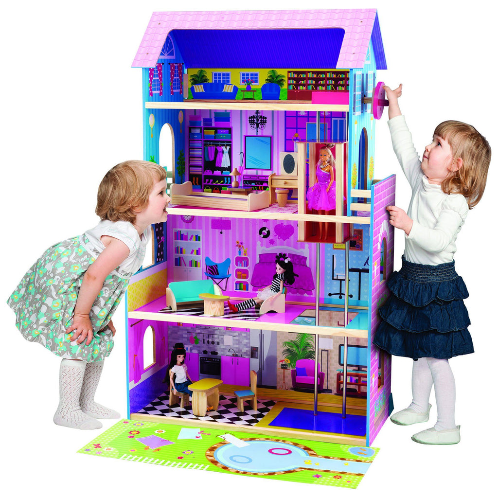 wooden dollhouse with elevator