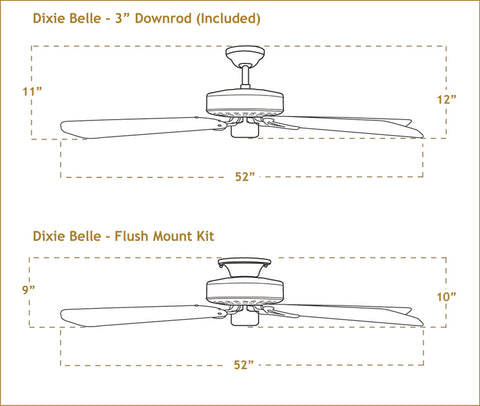 52 inch Dixie Belle ceiling fan dimensions