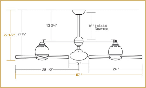 Metropolitan ceiling fan dimensions in 90 degree configuration