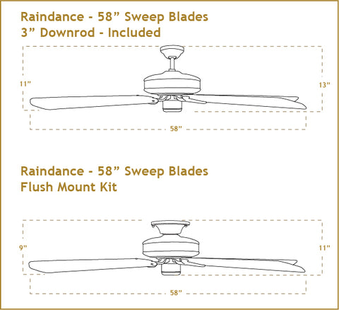 58 inch Raindance ceiling fan dimensions