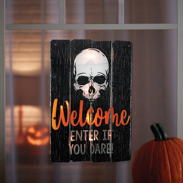 &quot;Welcome, Enter If You Dare&quot; Lighted Halloween Sign | Creepy Decor