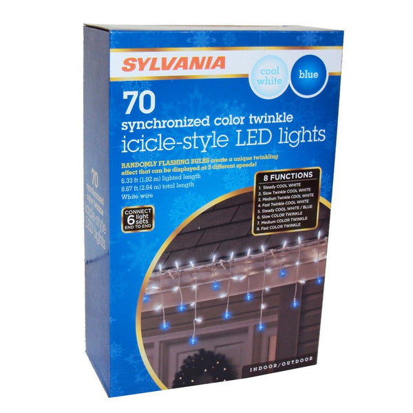 Sylvania 70 Led Cool White Blue Twinkling Icicle Christmas Lights