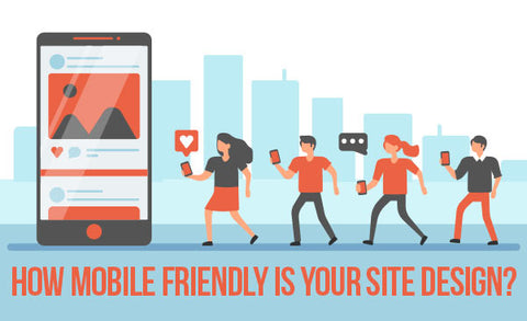 Image depicting a giant mobile phone displaying a website and prospects with mobile phones in their hands walking toward it
