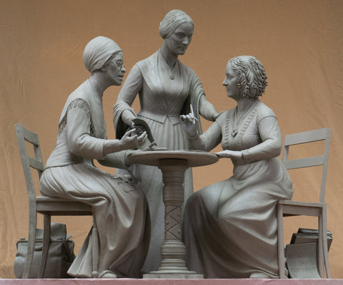 Clay rendering of Women’s Rights Pioneers Monument, which will be unveiled in bronze as Central Park’s first statue of real women on August 26, 2020. The statue depicts left to right Sojourner Truth, Susan B. Anthony, and Elizabeth Cady Stanton.