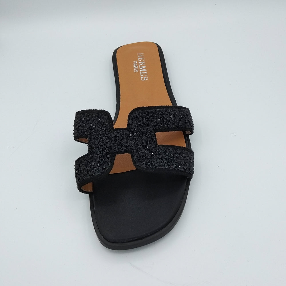 hermes black slippers