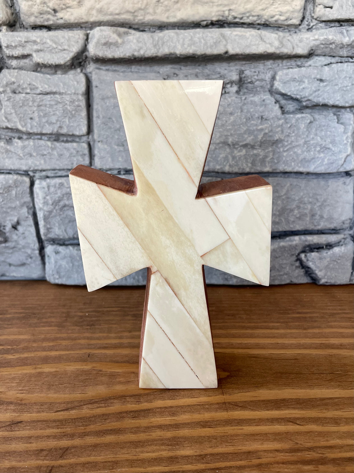 bone standing cross, fair trade, haiti, mahogany
