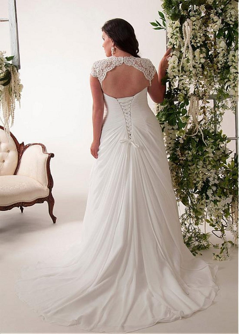 Plus size V-neck Cap Sleeve Lace Applique Pleated Long Chiffon Bridal –  Angrila
