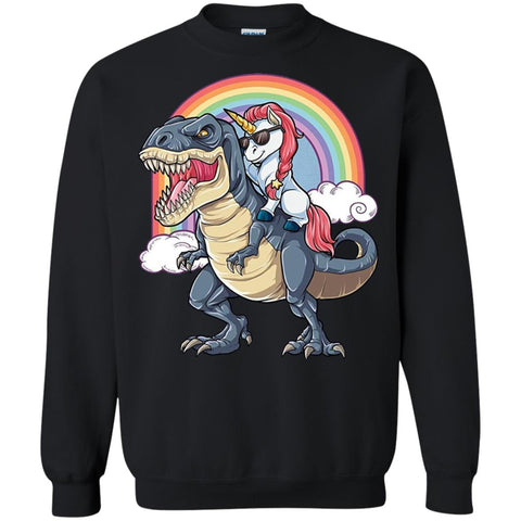 Unicorn Riding Dinosaur T Rex T Shirt Unicorns Rainbow Gifts Crewneck Pullover Sweatshirt Black / S Crewneck Pullover Sweatshirt - PresentTees