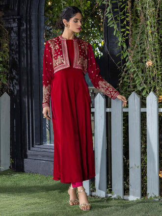 2 Piece Velvet Suit-Embroidered (Pret)