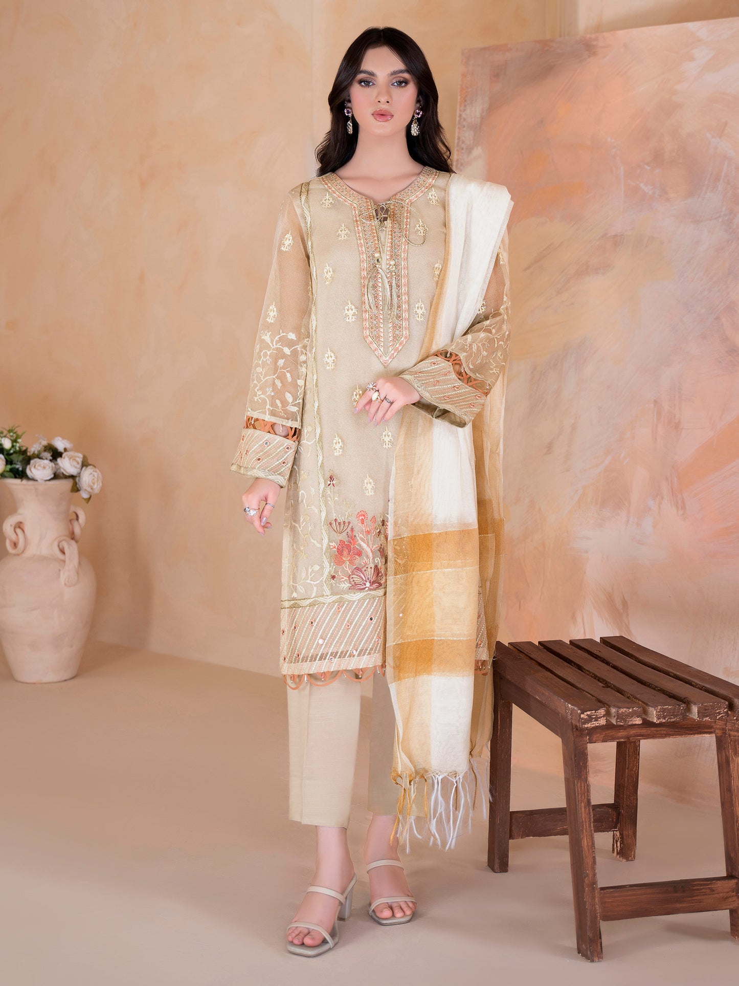 3 Piece Net Suit-Embroidered (Unstitched)