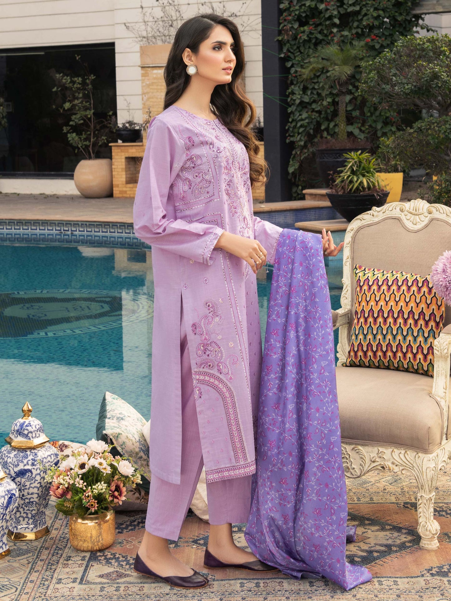 3 Piece Satin Suit-Embroidered (Unstitched)