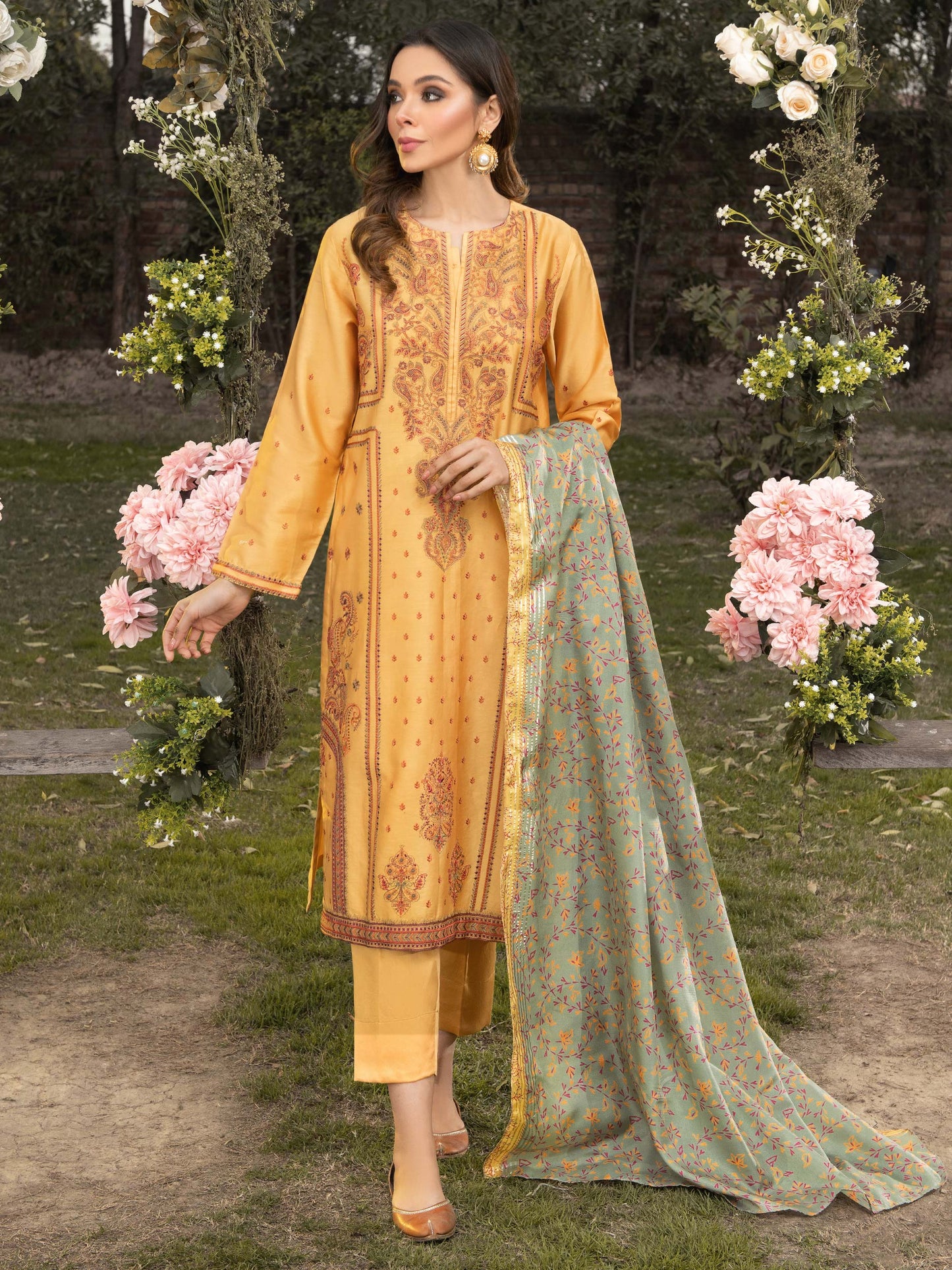 3 Piece Satin Suit-Embroidered (Unstitched)