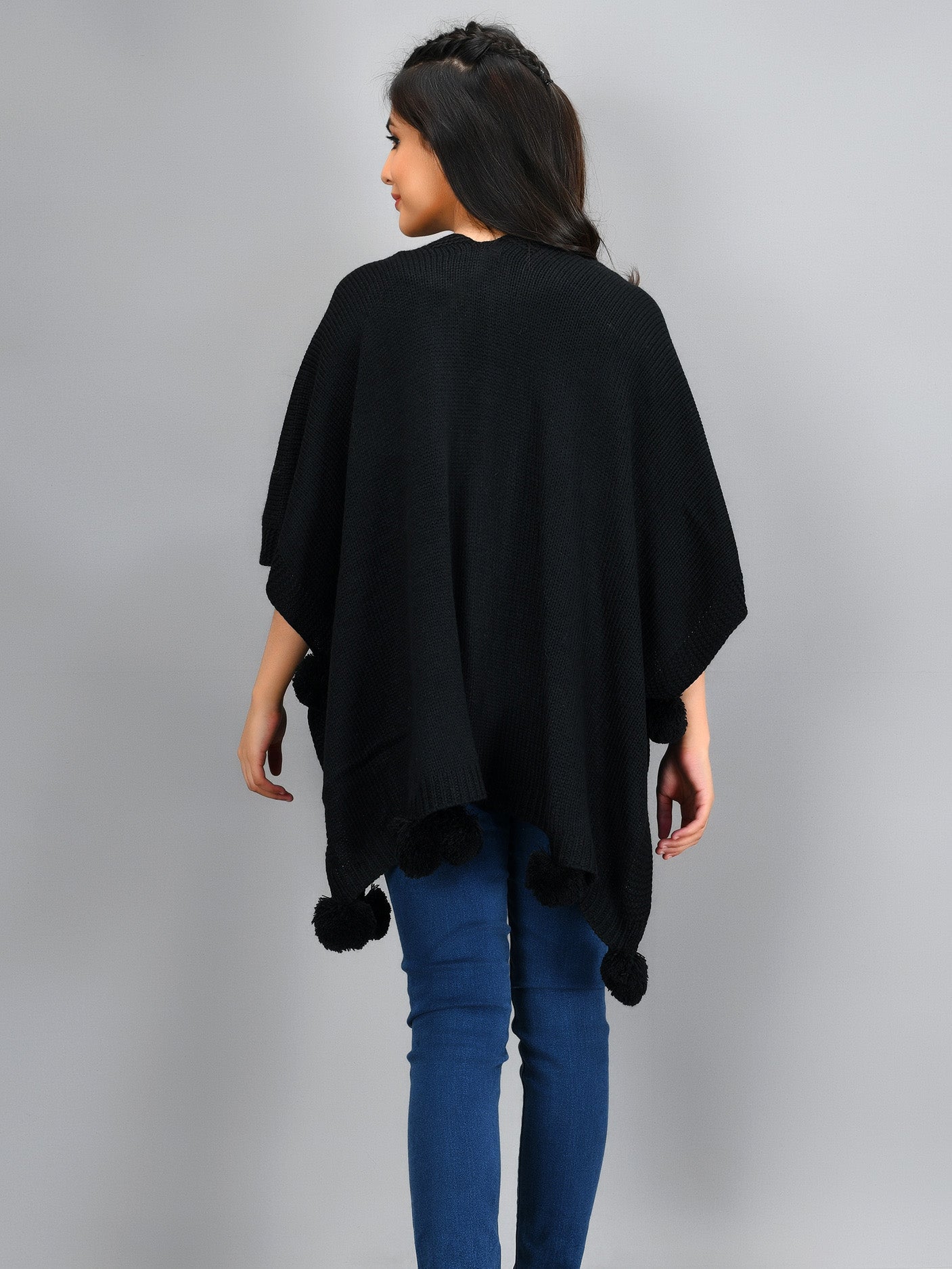 Pompom Detail Cape Shawl - Black Pompom Detail Cape Shawl - Black