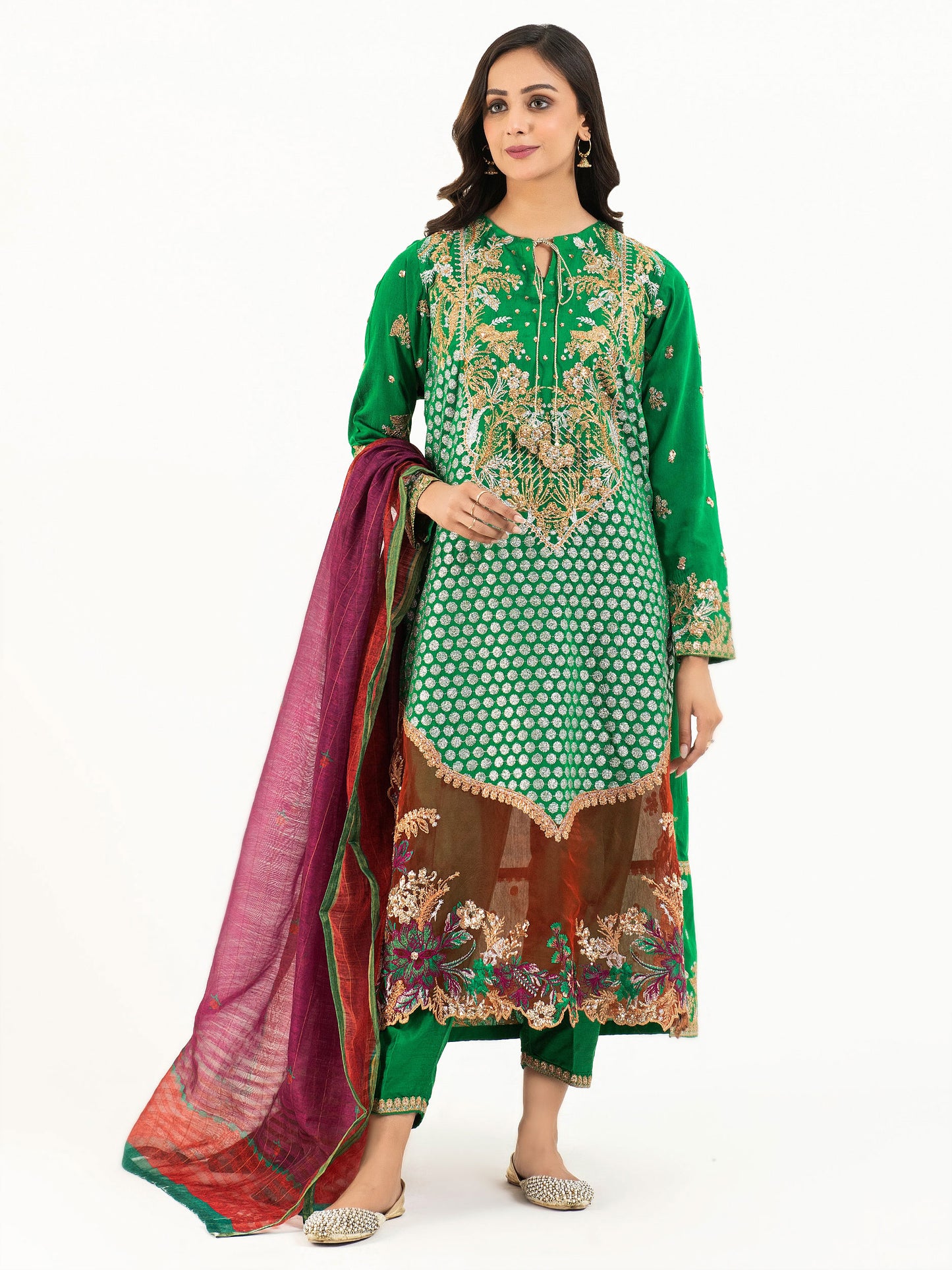 3 Piece Raw Silk Suit-Embellished (Pret)