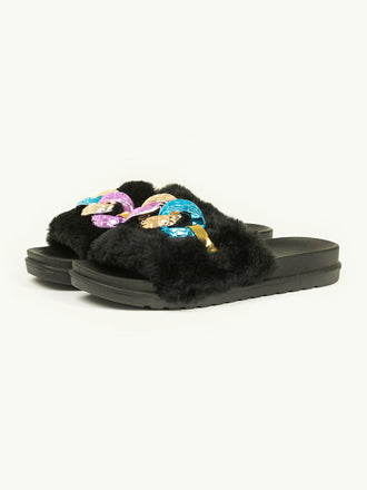 Chain Embellished Fur Sliders