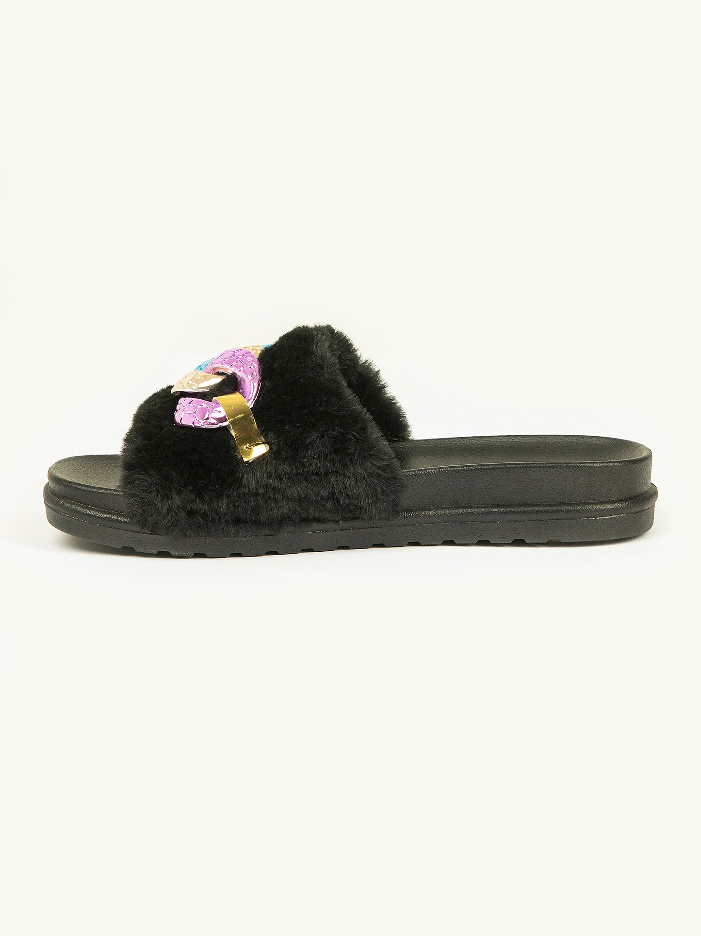 Chain Embellished Fur Sliders