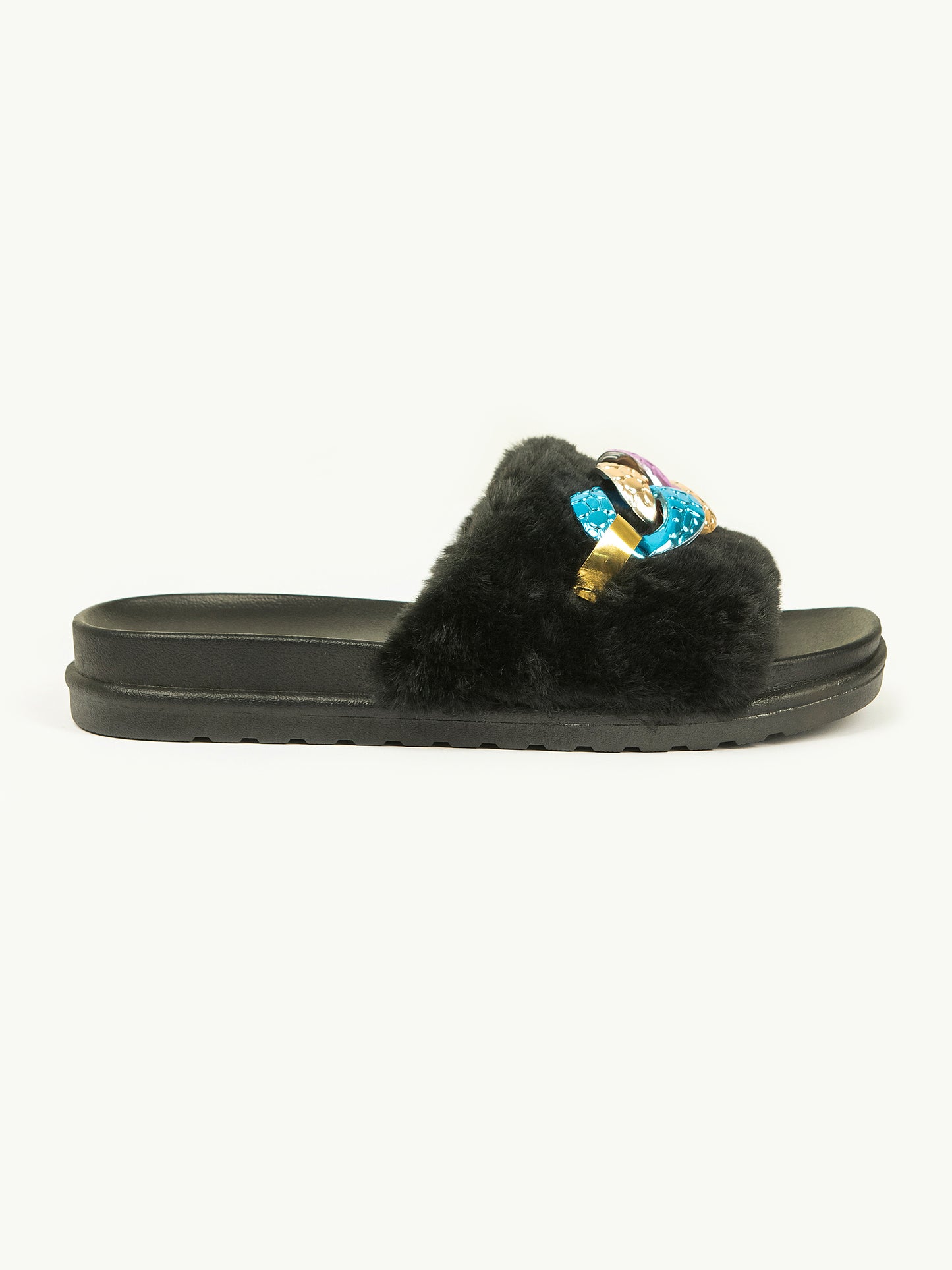 Chain Embellished Fur Sliders