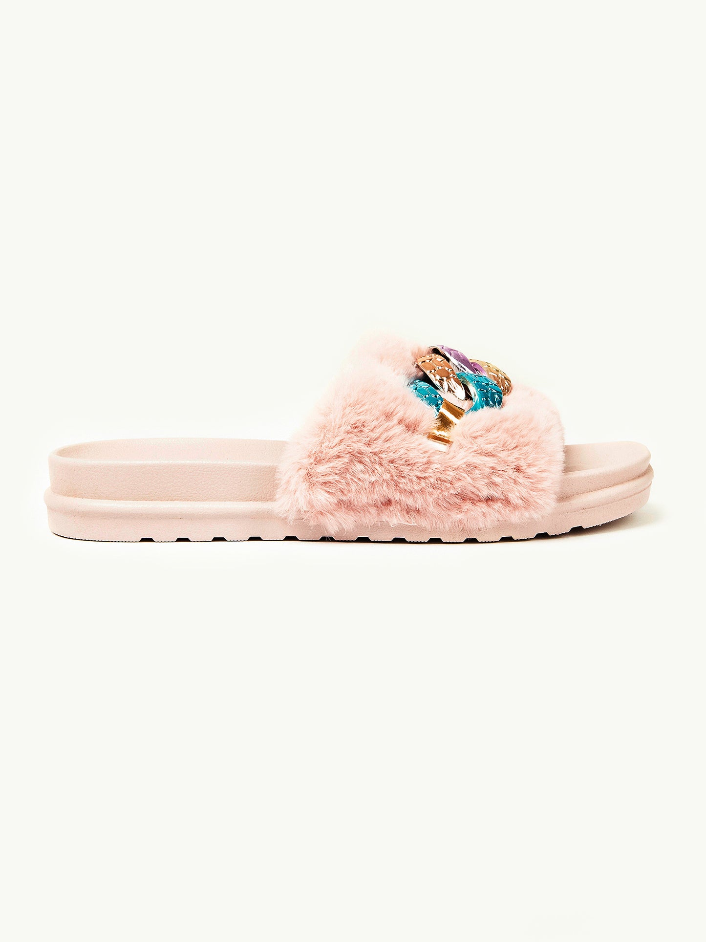 Chain Embellished Fur Sliders