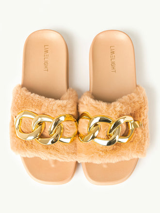 Chain Embellished Fur Sliders