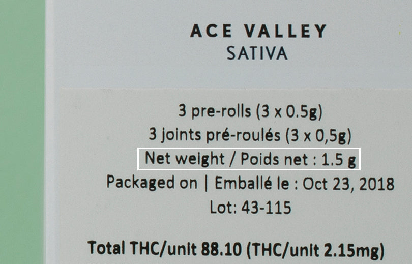 Image hilighting the net weight of the cannabis content on the product label