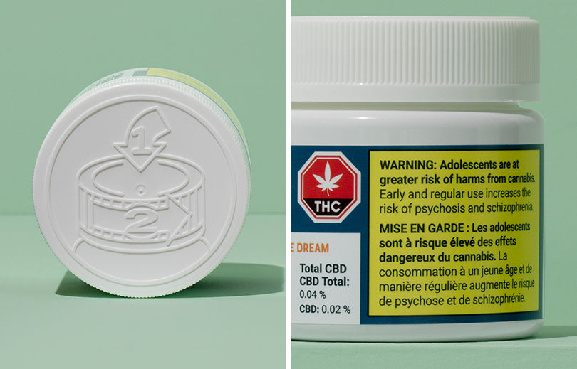 Image of safety features and the warning label on cannabis packaging