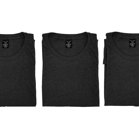 three folded gray shirts