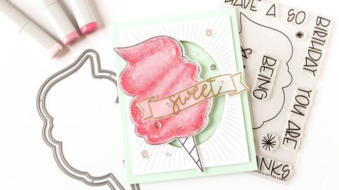 Our Cotton Candy stamp set is sweet, fun and can be used for so many occasions. Use the coordinating die set to create a shaped card! 15 total stamps.  Cotton candy stamp measures: 2 3/4" x 4 7/8"; "sweet" sentiment stamp measures: 1 3/4" x 3/4"; "Thanks" sentiment measures: 1 3/4" x 1/2".  Our Exclusive clear stamps are proudly made in the USA.