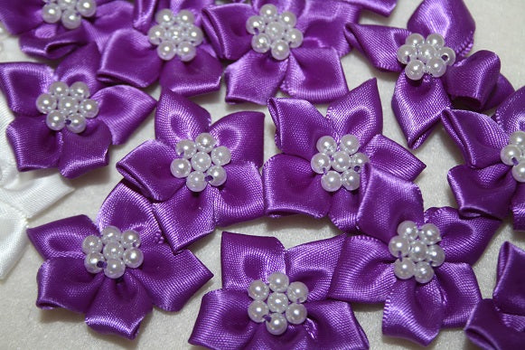 Satin Ribbon Flower And Pearl X20pcs Purple L797 — Artificial Floral Supplies