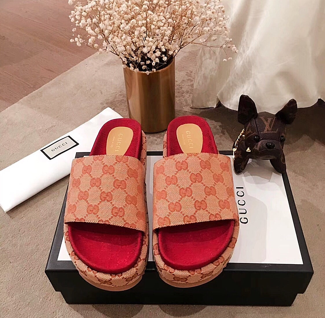 gucci angelina logo canvas flatform slides