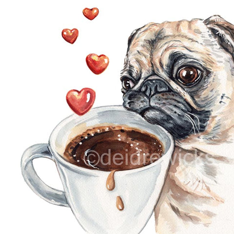 Watercolour painting of a pug dog gazing lovingly at a cup of coffee