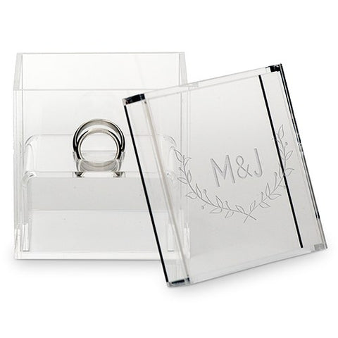 Acrylic Wedding Ring Box - Couple Initials with Rustic Leaves